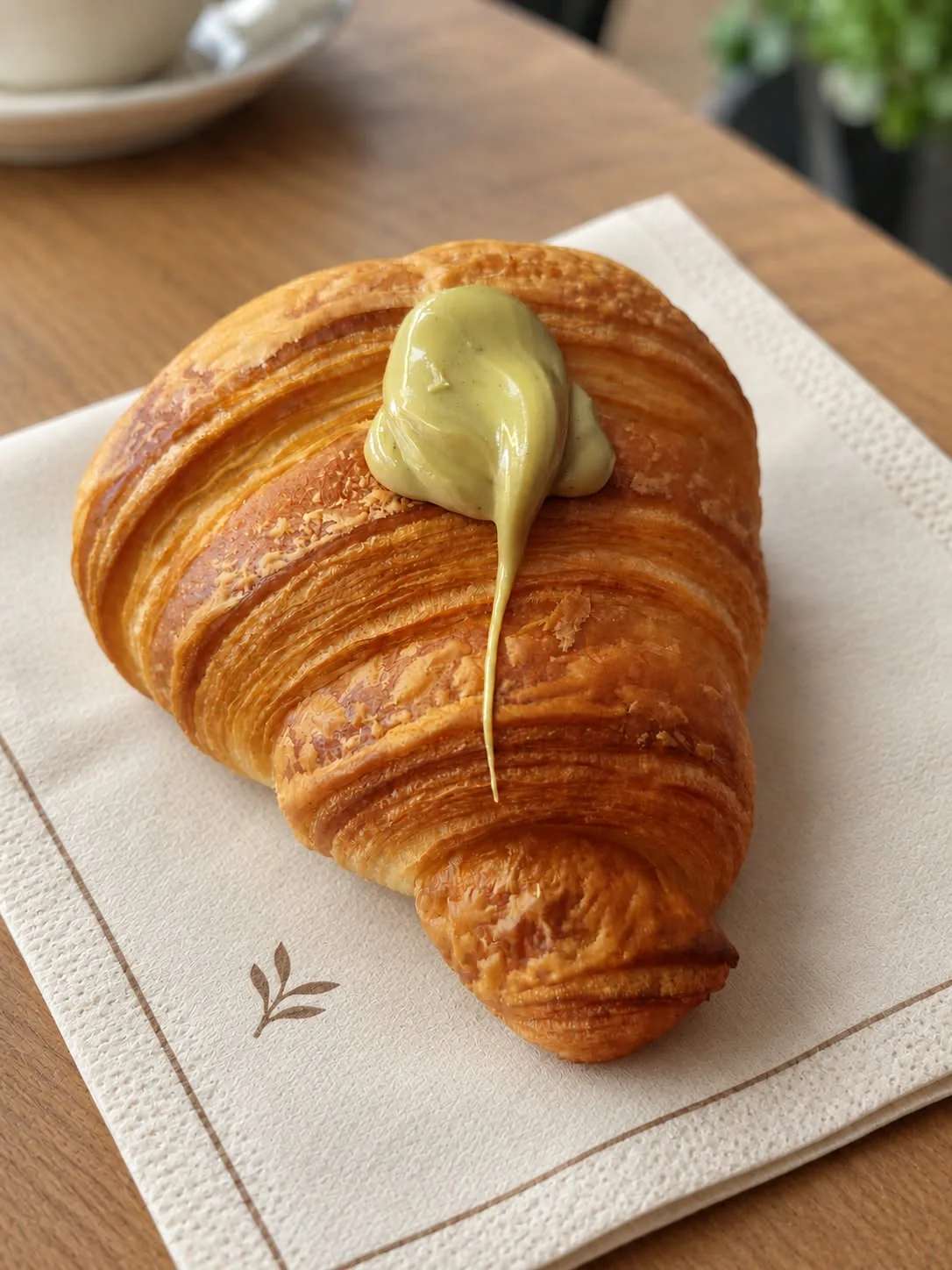 Un croissant sfogliato appena servito su un tovagliolo, con un ciuffo di crema al pistacchio, sul tavolo di legno della sala.